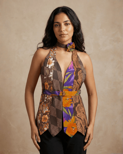 Handmade Upcycled Necktie Halter Vest Top with Corset Back & Choker M - XL - Funkify