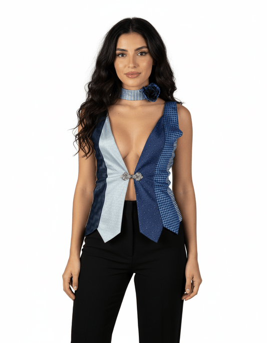 Handmade Upcycled Necktie Lace - Up Vest Top with Choker - Funkify