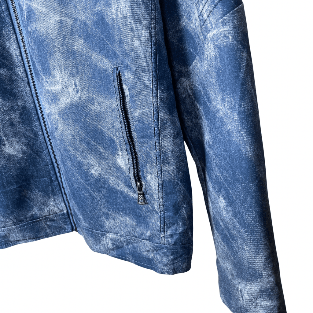 Hood Crew Blue Acid Wash Pattern PU Leather Jacket Large - Funkify