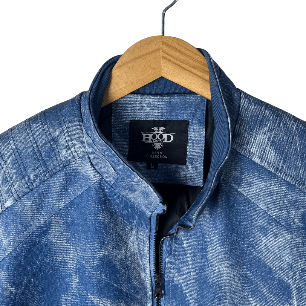 Hood Crew Blue Acid Wash Pattern PU Leather Jacket Large - Funkify
