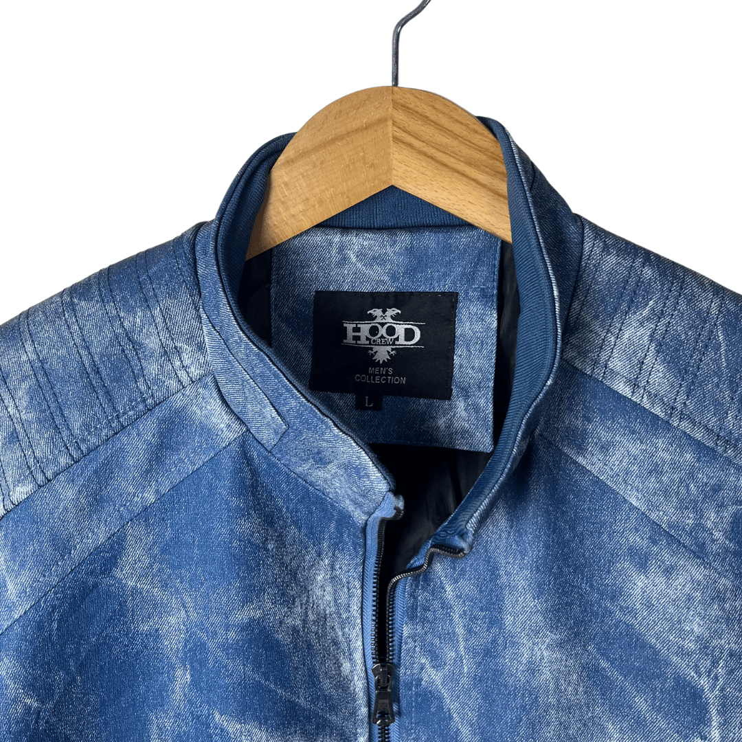 Hood Crew Blue Acid Wash Pattern PU Leather Jacket Large - Funkify