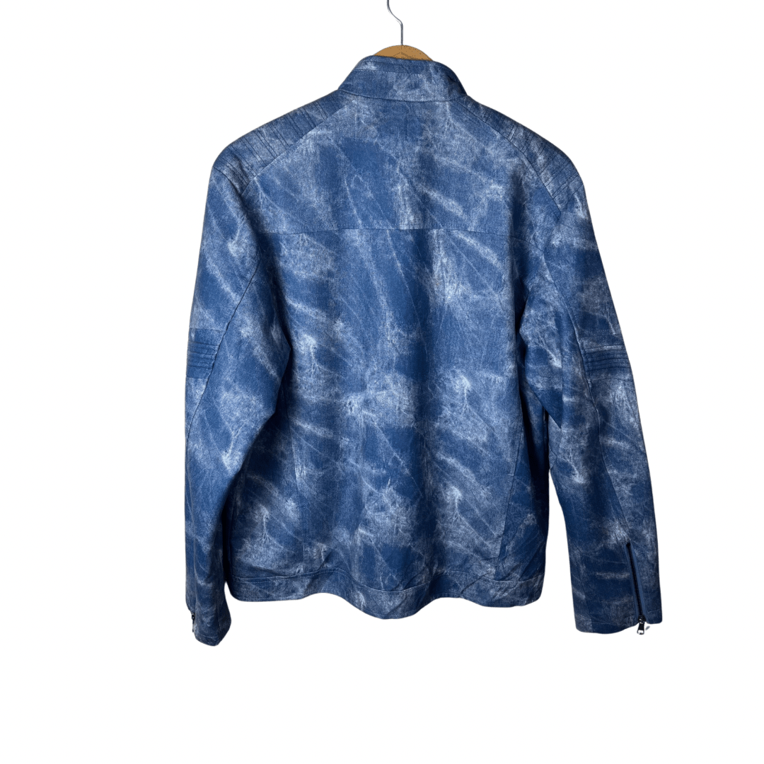 Hood Crew Blue Acid Wash Pattern PU Leather Jacket Large - Funkify