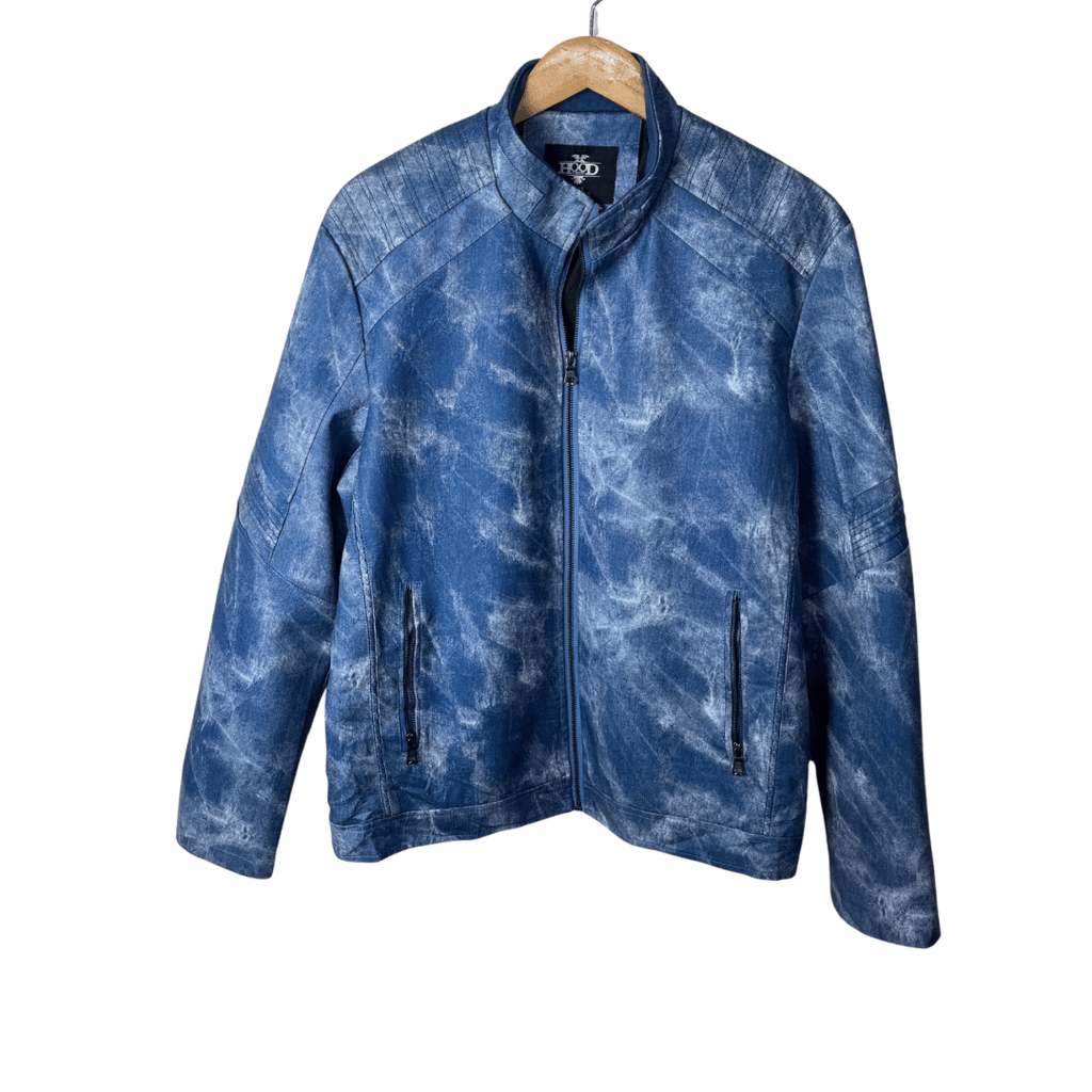Hood Crew Blue Acid Wash Pattern PU Leather Jacket Large - Funkify