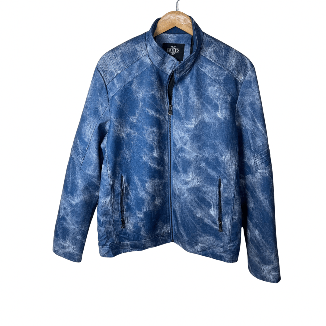 Hood Crew Blue Acid Wash Pattern PU Leather Jacket Large - Funkify