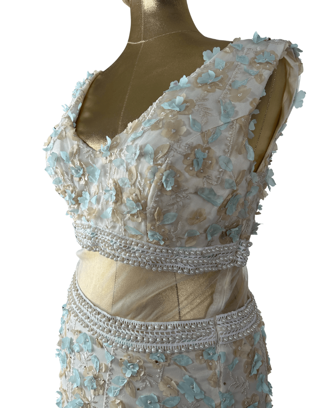 Ivory & Mint Fairycore 3D Floral Appliqués Pearl Beaded Gown - Funkify
