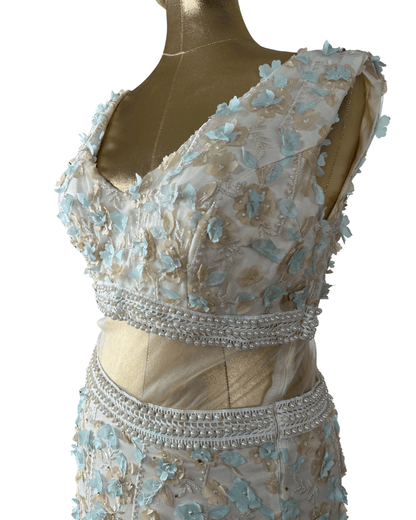 Ivory & Mint Fairycore 3D Floral Appliqués Pearl Beaded Gown - Funkify