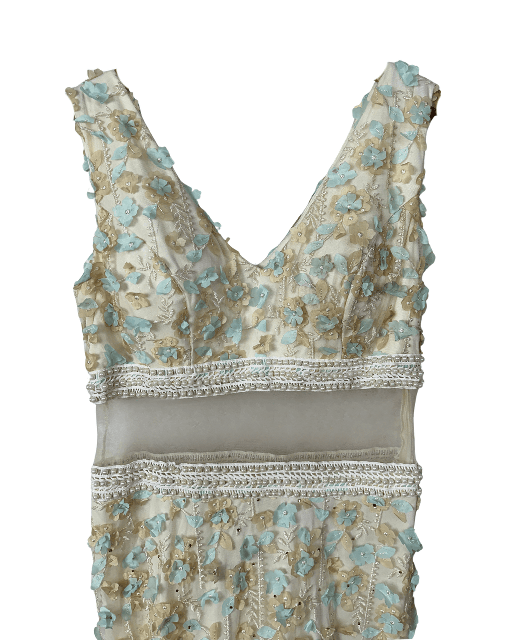 Ivory & Mint Fairycore 3D Floral Appliqués Pearl Beaded Gown - Funkify