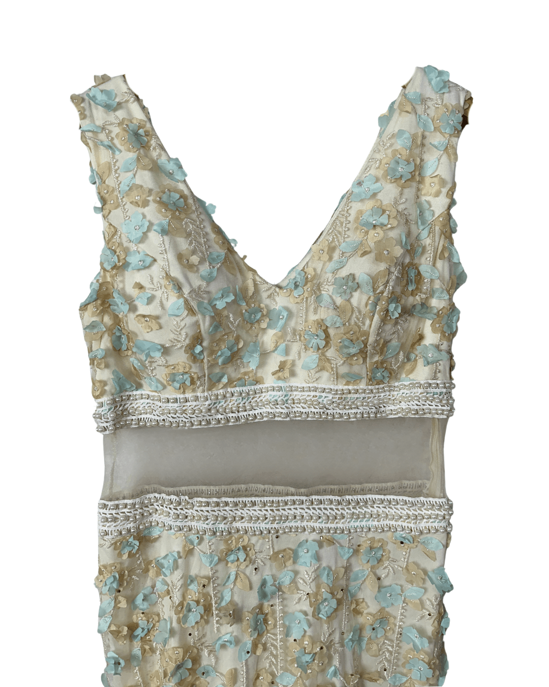 Ivory & Mint Fairycore 3D Floral Appliqués Pearl Beaded Gown - Funkify