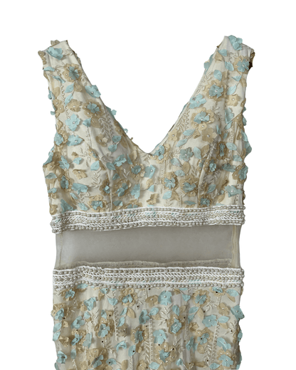 Ivory & Mint Fairycore 3D Floral Appliqués Pearl Beaded Gown - Funkify