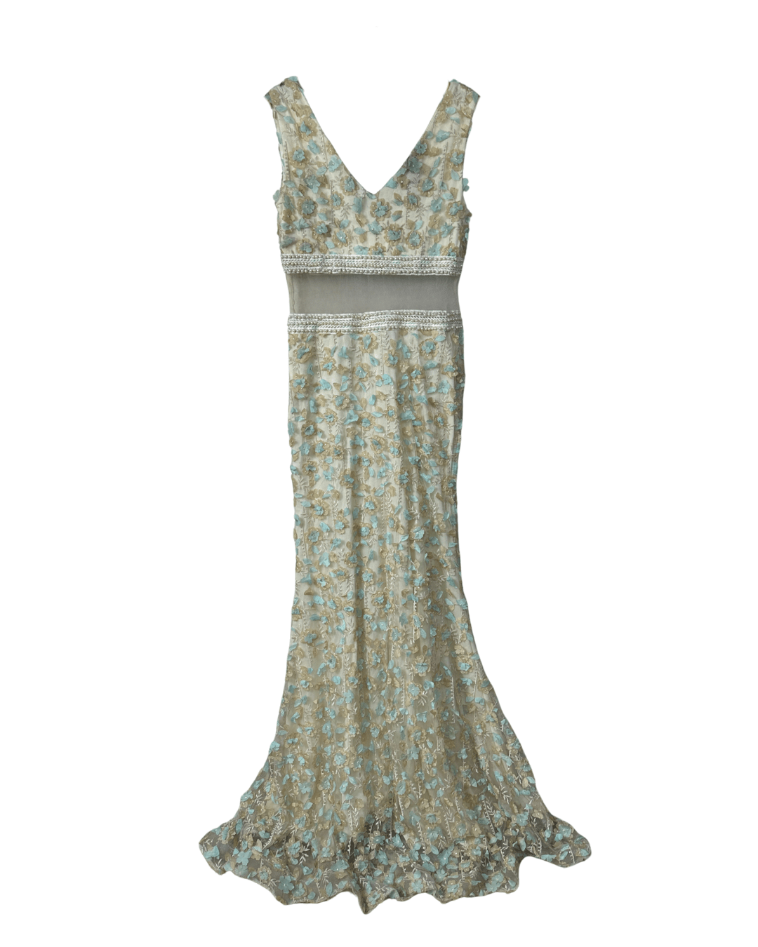 Ivory & Mint Fairycore 3D Floral Appliqués Pearl Beaded Gown - Funkify