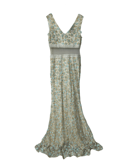 Ivory and mint fairycore gown with 3D floral appliqués and pearl beading