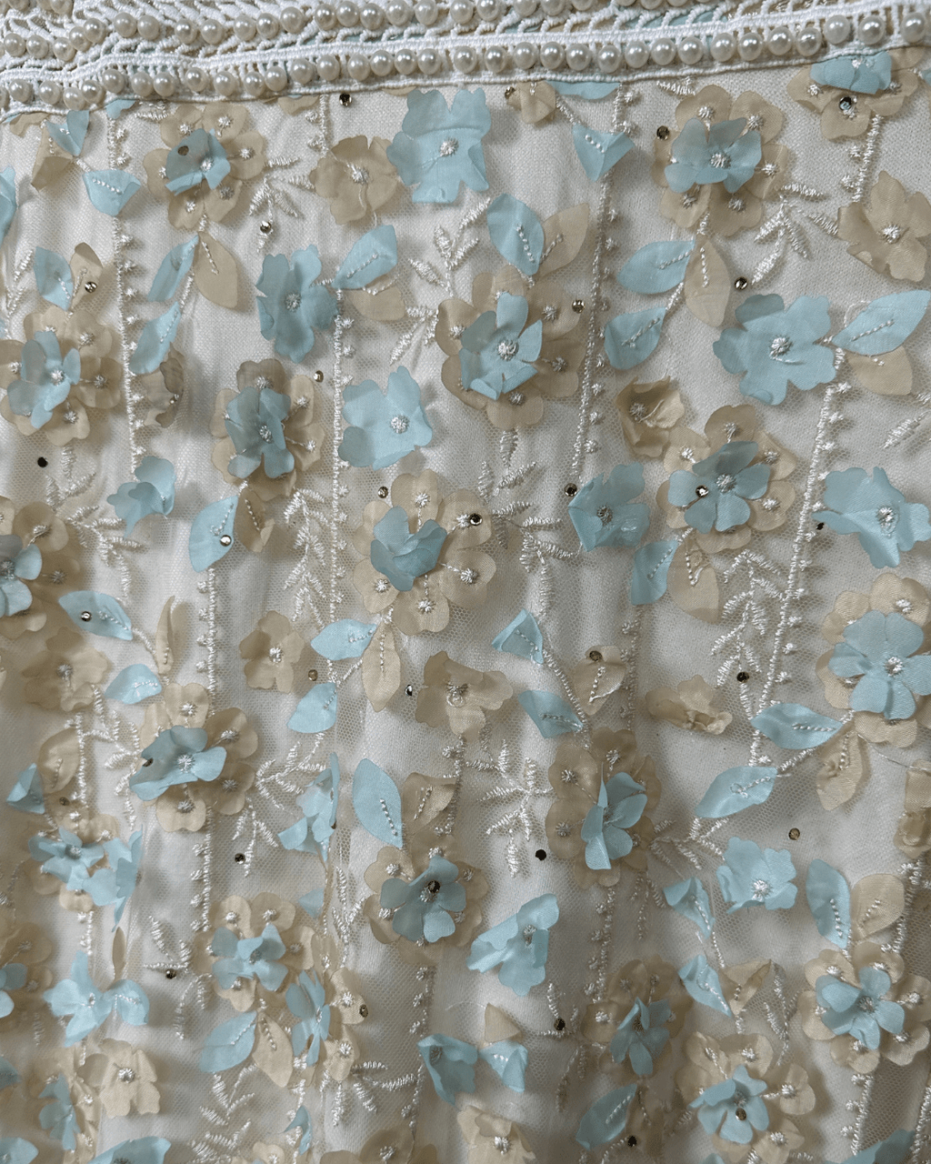 Ivory & Mint Fairycore 3D Floral Appliqués Pearl Beaded Gown - Funkify