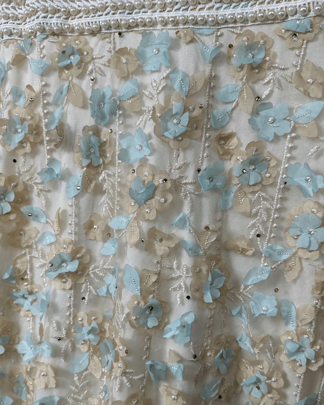 Ivory & Mint Fairycore 3D Floral Appliqués Pearl Beaded Gown - Funkify