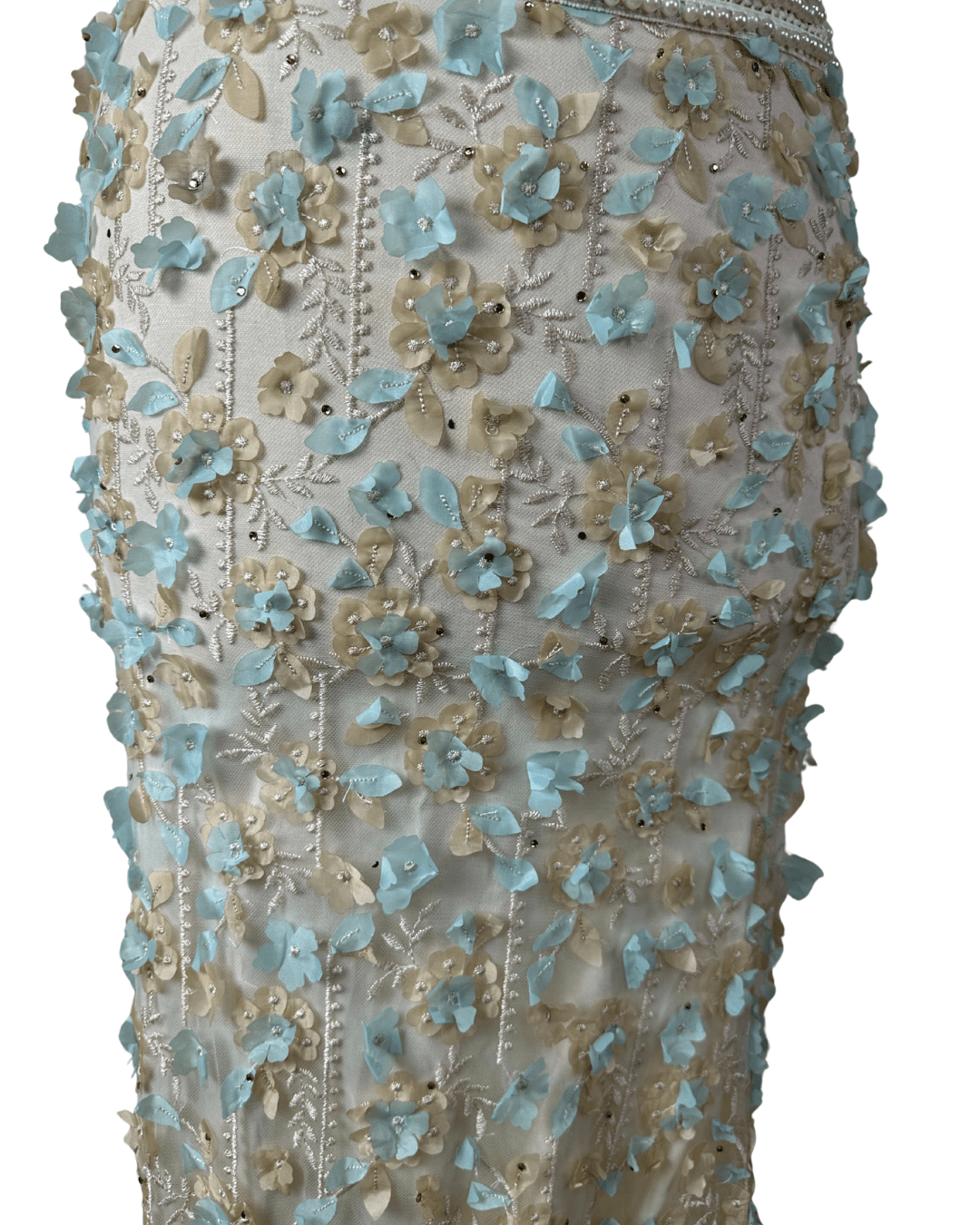 Ivory & Mint Fairycore 3D Floral Appliqués Pearl Beaded Gown - Funkify