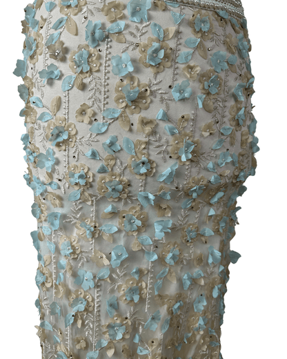 Ivory & Mint Fairycore 3D Floral Appliqués Pearl Beaded Gown - Funkify