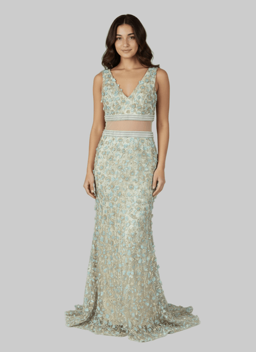 Ivory and mint fairycore gown with 3D floral appliqués and pearl beading