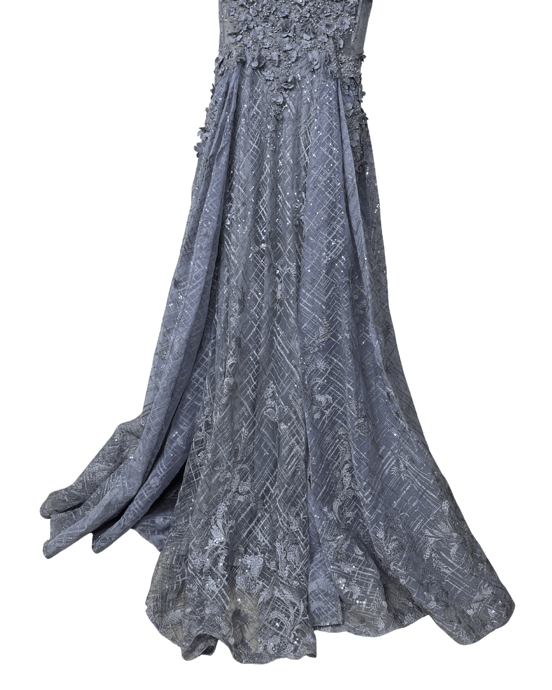 Lavender Embellished Mesh Gown with 3D Floral Appliqué & Flowing Train - Funkify