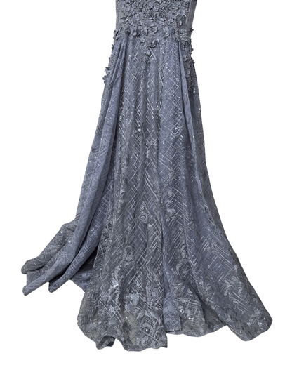 Lavender Embellished Mesh Gown with 3D Floral Appliqué & Flowing Train - Funkify