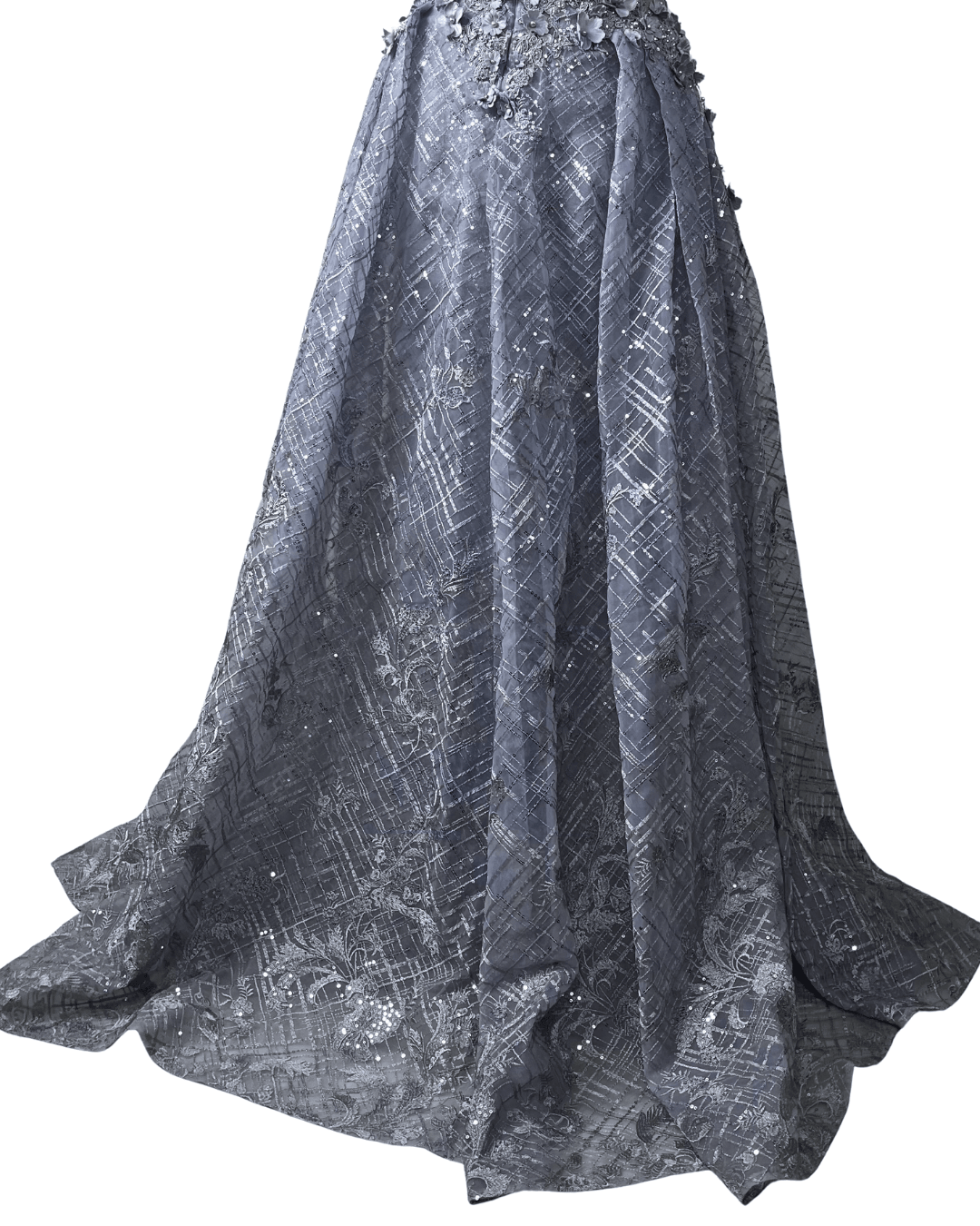 Lavender Embellished Mesh Gown with 3D Floral Appliqué & Flowing Train - Funkify