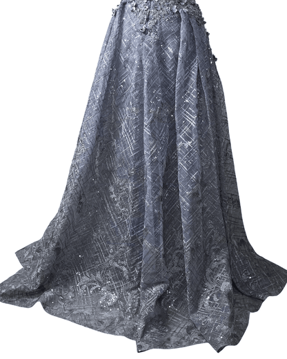 Lavender Embellished Mesh Gown with 3D Floral Appliqué & Flowing Train - Funkify