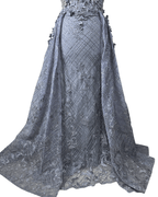 Lavender Embellished Mesh Gown with 3D Floral Appliqué & Flowing Train - Funkify