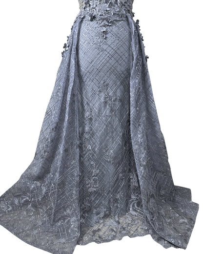 Lavender Embellished Mesh Gown with 3D Floral Appliqué & Flowing Train - Funkify