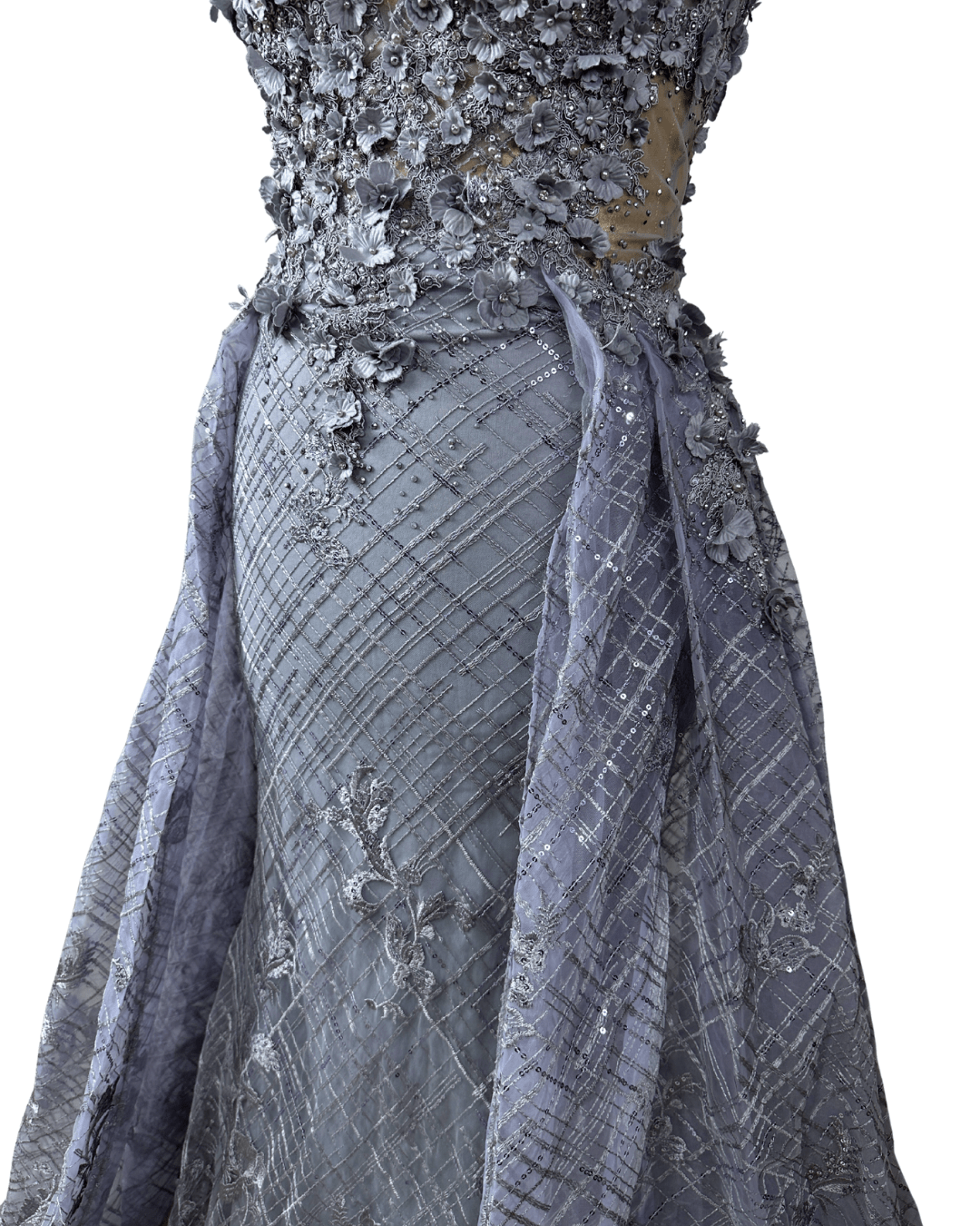 Lavender Embellished Mesh Gown with 3D Floral Appliqué & Flowing Train - Funkify