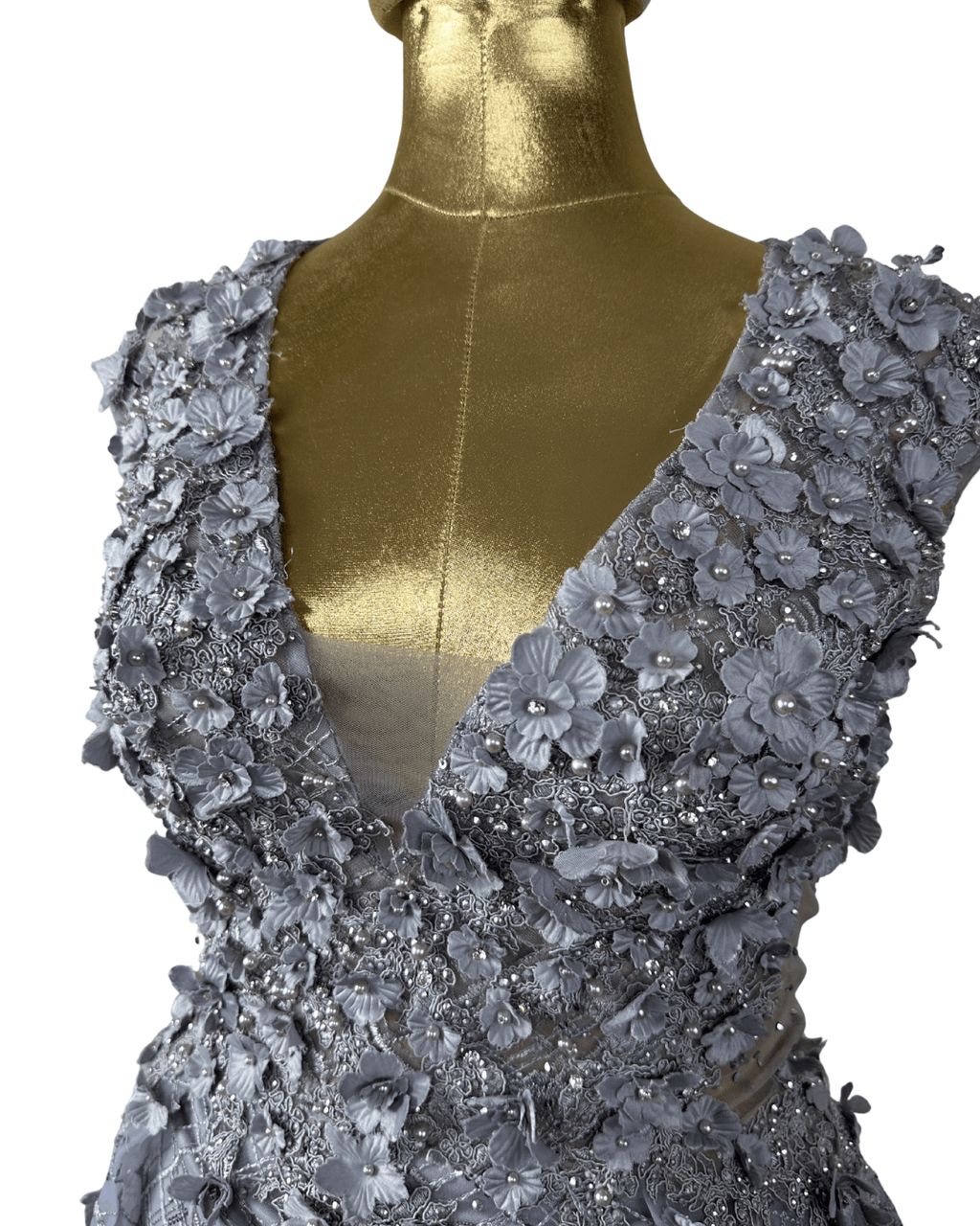 Lavender Embellished Mesh Gown with 3D Floral Appliqué & Flowing Train - Funkify