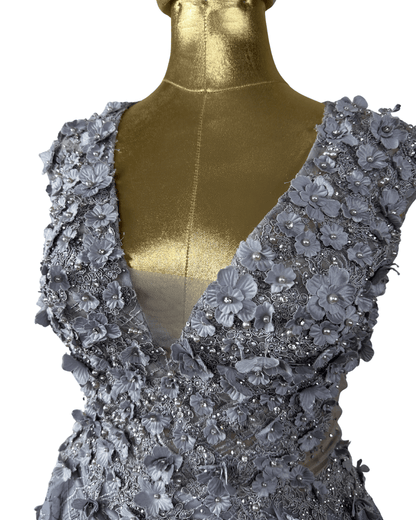 Lavender Embellished Mesh Gown with 3D Floral Appliqué & Flowing Train - Funkify