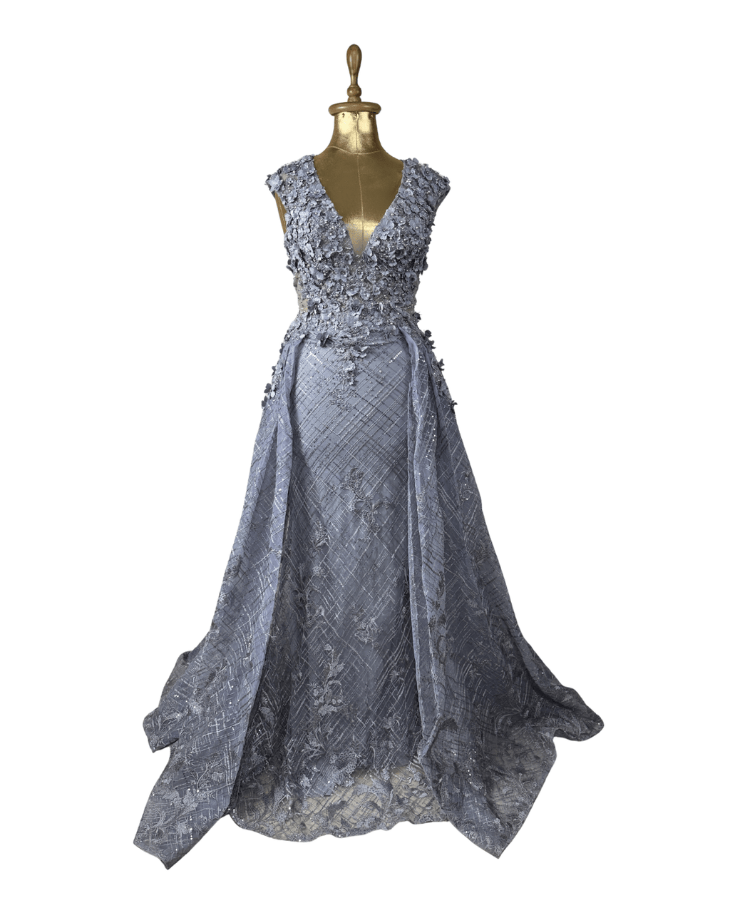 Lavender Embellished Mesh Gown with 3D Floral Appliqué & Flowing Train - Funkify