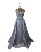 Lavender Embellished Mesh Gown with 3D Floral Appliqué & Flowing Train - Funkify