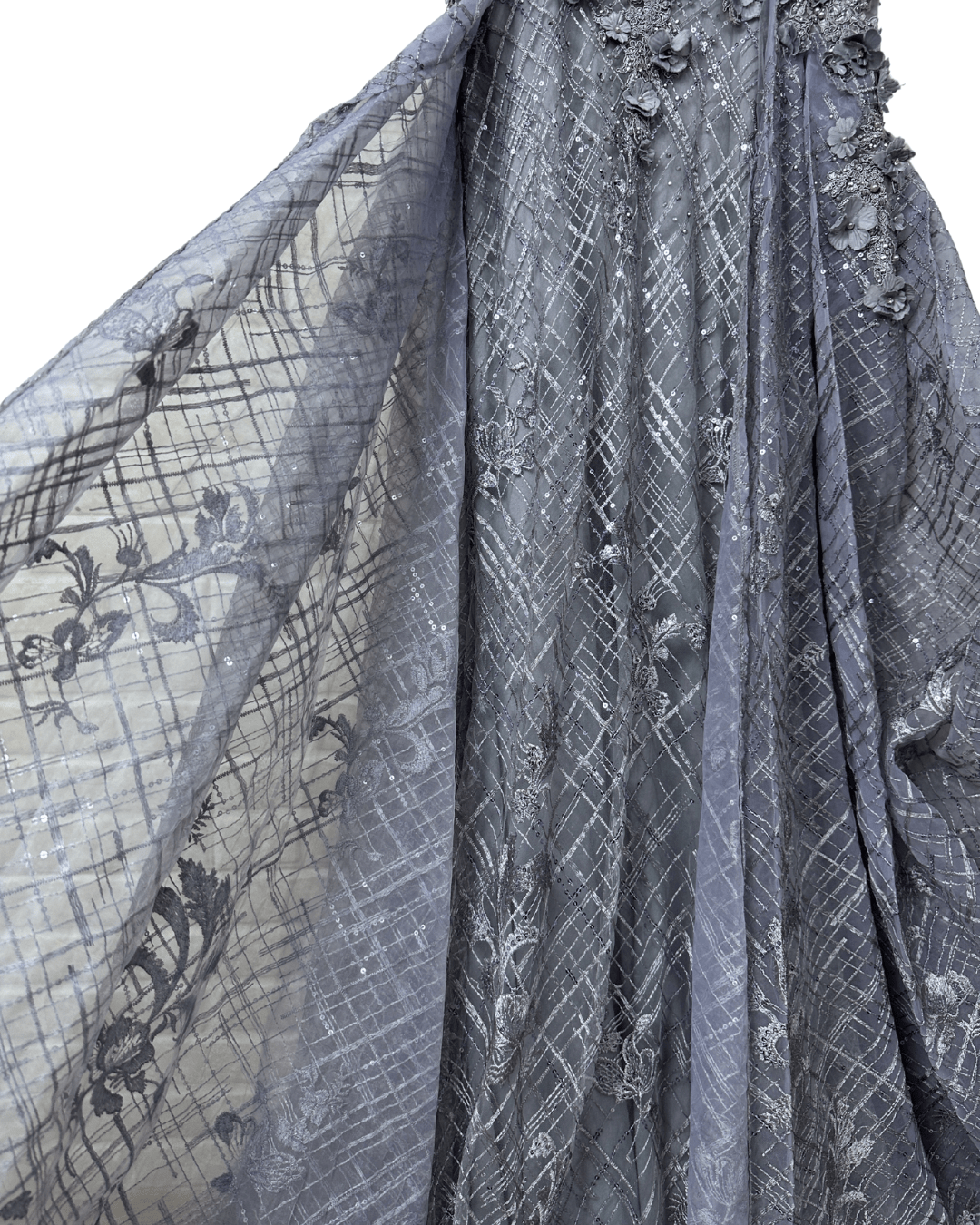 Lavender Embellished Mesh Gown with 3D Floral Appliqué & Flowing Train - Funkify