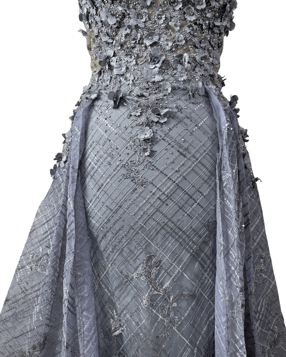 Lavender Embellished Mesh Gown with 3D Floral Appliqué & Flowing Train - Funkify