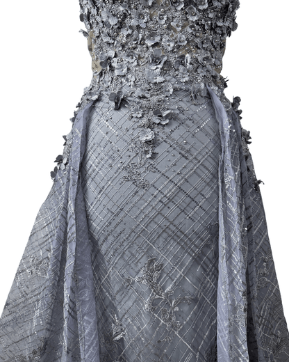 Lavender Embellished Mesh Gown with 3D Floral Appliqué & Flowing Train - Funkify