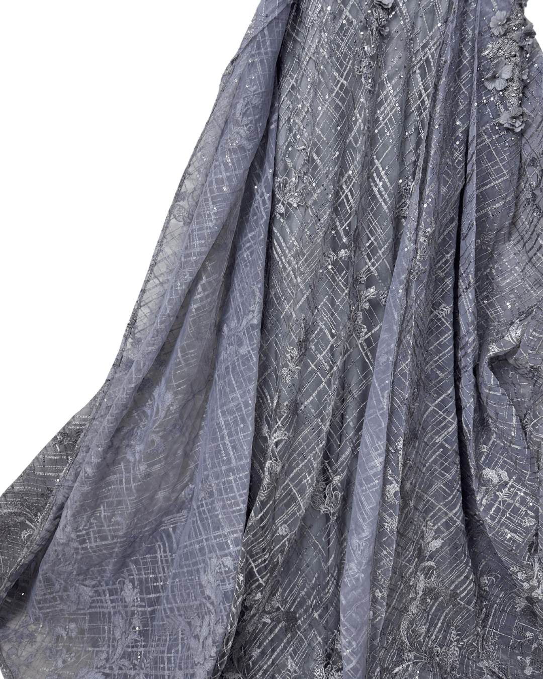 Lavender Embellished Mesh Gown with 3D Floral Appliqué & Flowing Train - Funkify