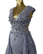 Lavender Embellished Mesh Gown with 3D Floral Appliqué & Flowing Train - Funkify