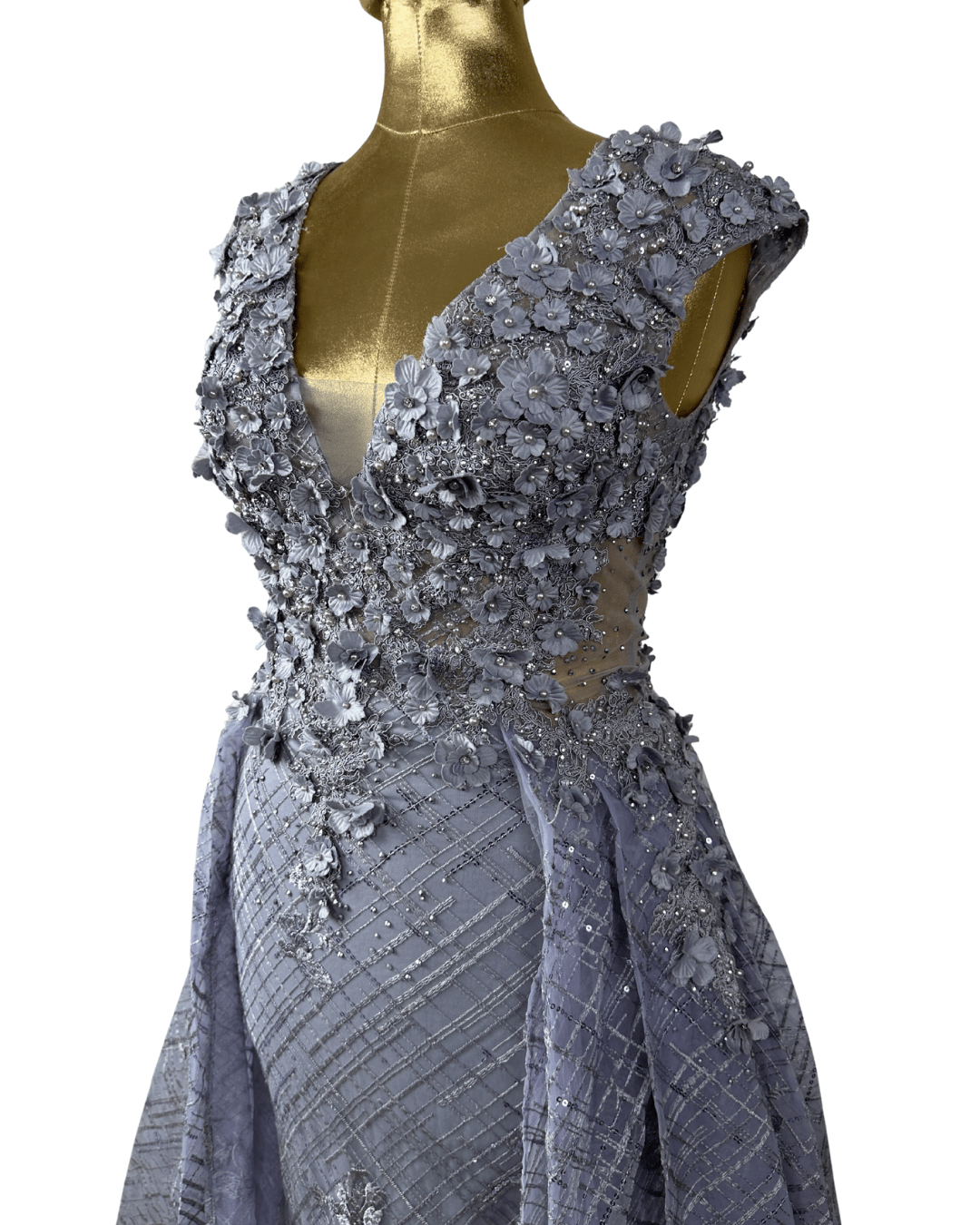 Lavender Embellished Mesh Gown with 3D Floral Appliqué & Flowing Train - Funkify
