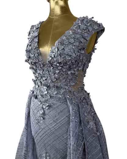 Lavender Embellished Mesh Gown with 3D Floral Appliqué & Flowing Train - Funkify