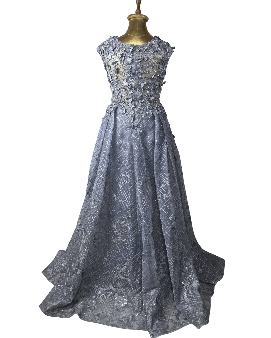 Lavender Embellished Mesh Gown with 3D Floral Appliqué & Flowing Train - Funkify
