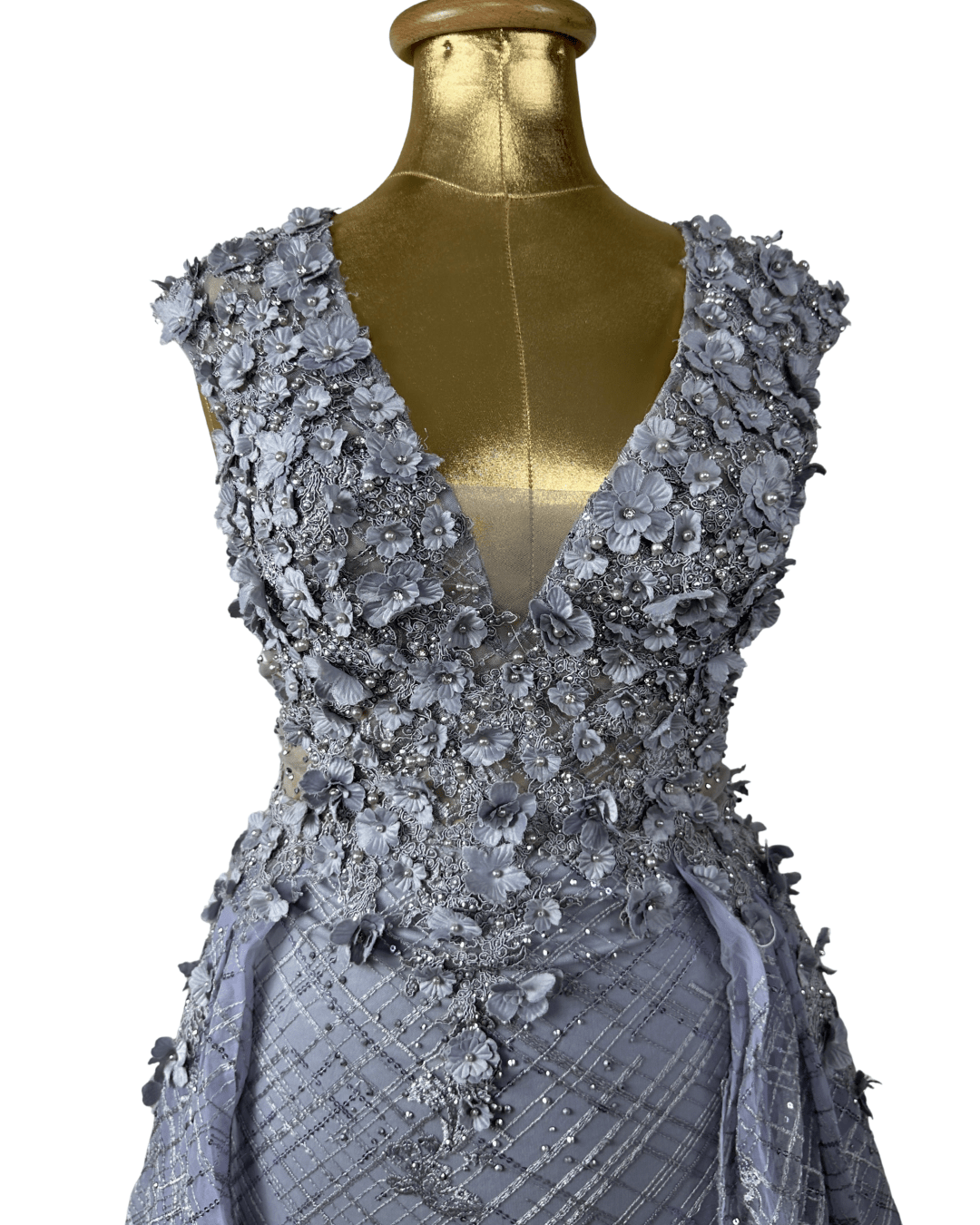 Lavender Embellished Mesh Gown with 3D Floral Appliqué & Flowing Train - Funkify