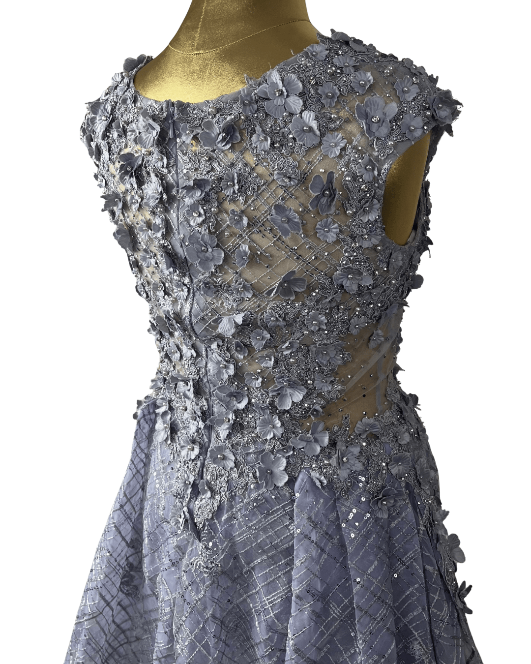 Lavender Embellished Mesh Gown with 3D Floral Appliqué & Flowing Train - Funkify