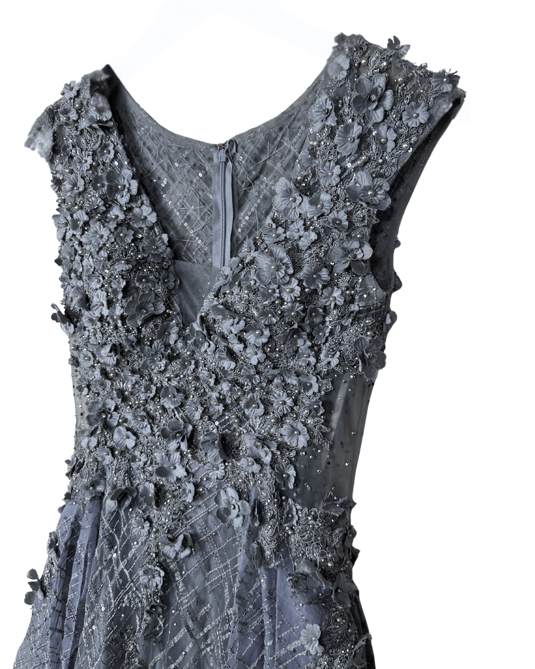 Lavender Embellished Mesh Gown with 3D Floral Appliqué & Flowing Train - Funkify