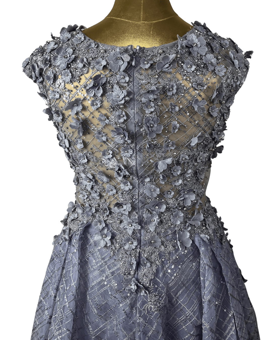 Lavender Embellished Mesh Gown with 3D Floral Appliqué & Flowing Train - Funkify