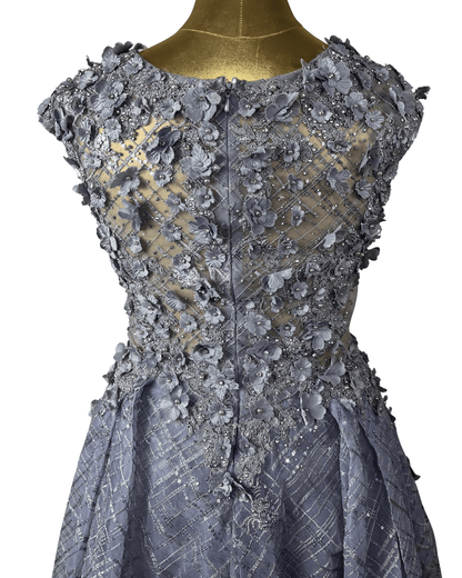 Lavender Embellished Mesh Gown with 3D Floral Appliqué & Flowing Train - Funkify