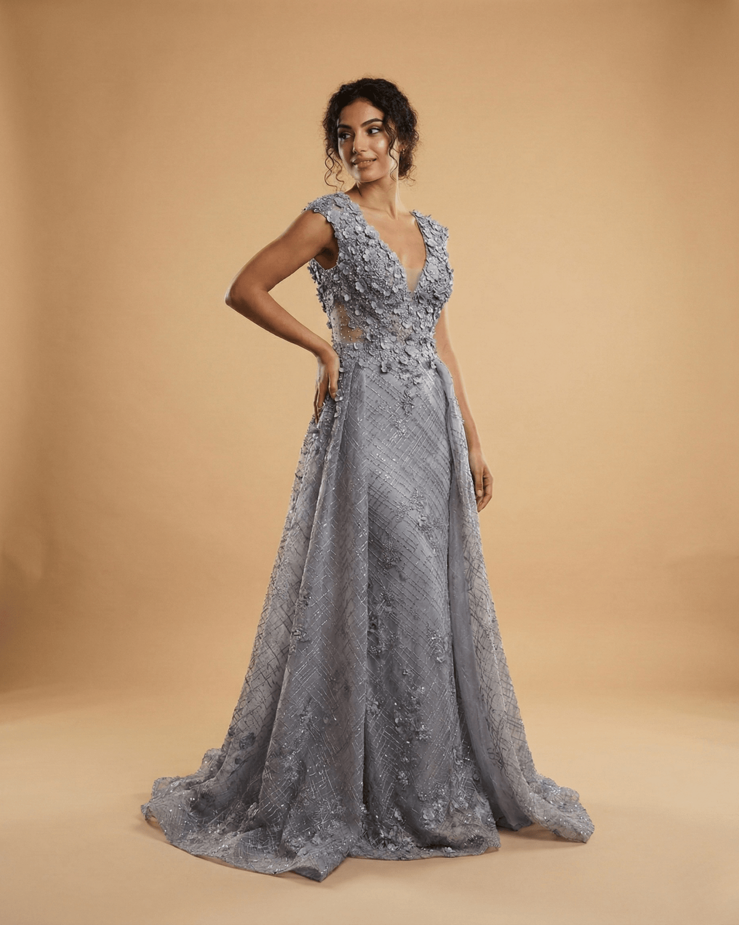 Lavender Embellished Mesh Gown with 3D Floral Appliqué & Flowing Train - Funkify