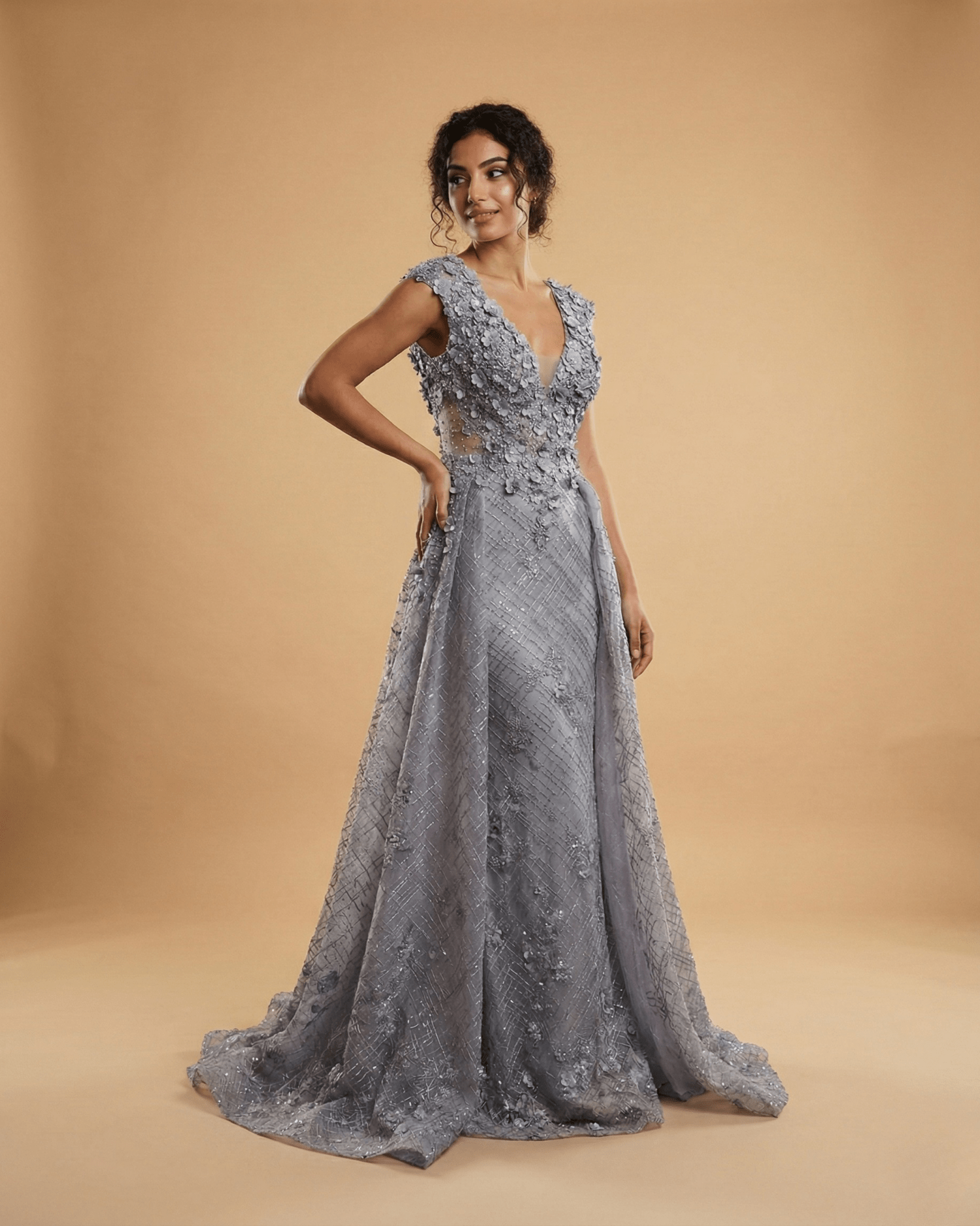 Lavender Embellished Mesh Gown with 3D Floral Appliqué & Flowing Train - Funkify