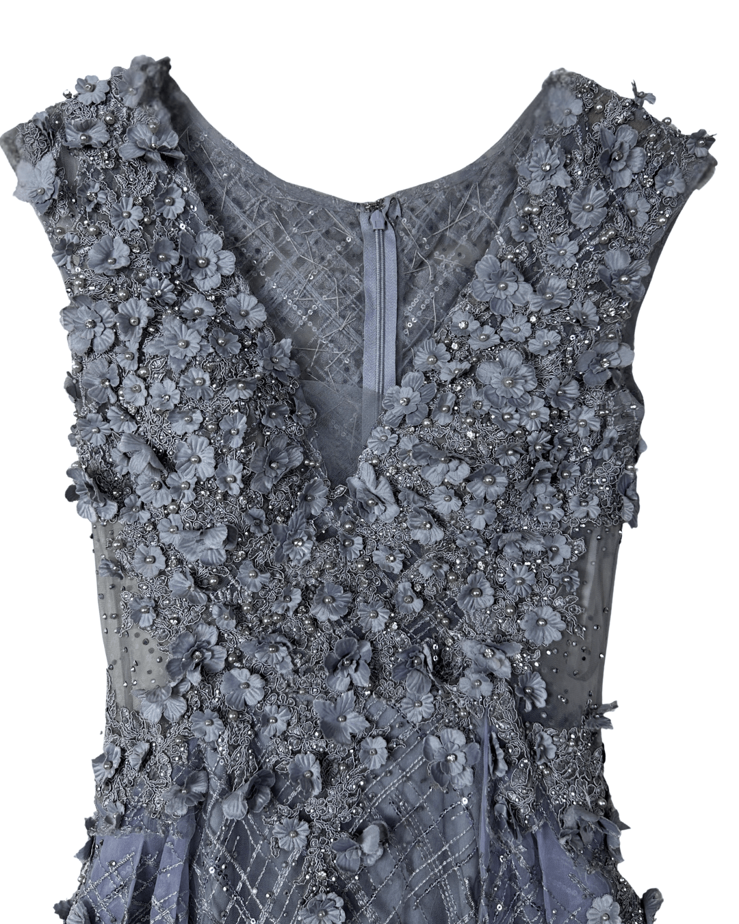 Lavender Embellished Mesh Gown with 3D Floral Appliqué & Flowing Train - Funkify