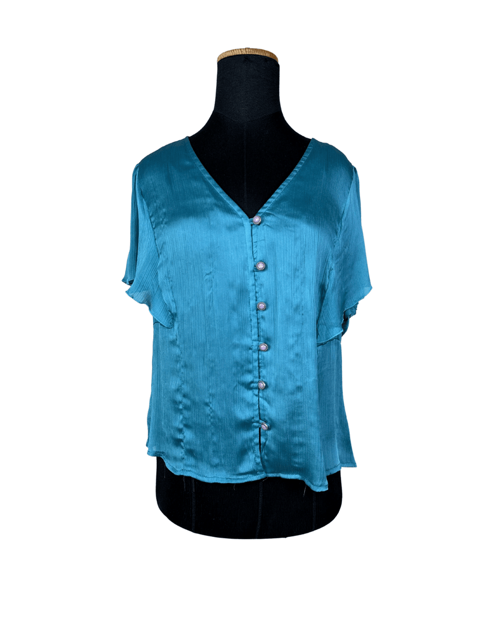 Le Mirage Teal Satin Button Up Blouse - Funkify
