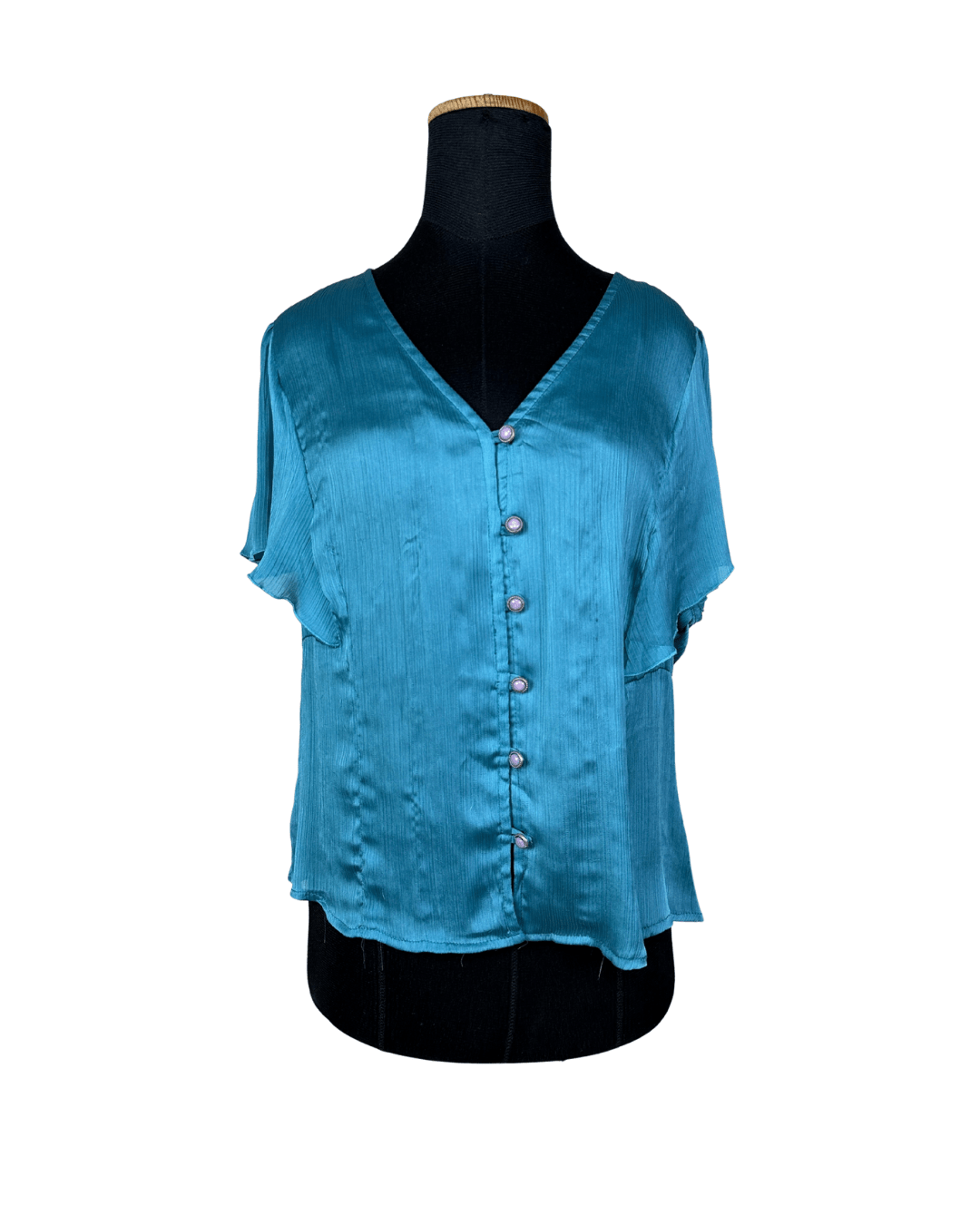 Le Mirage Teal Satin Button Up Blouse - Funkify