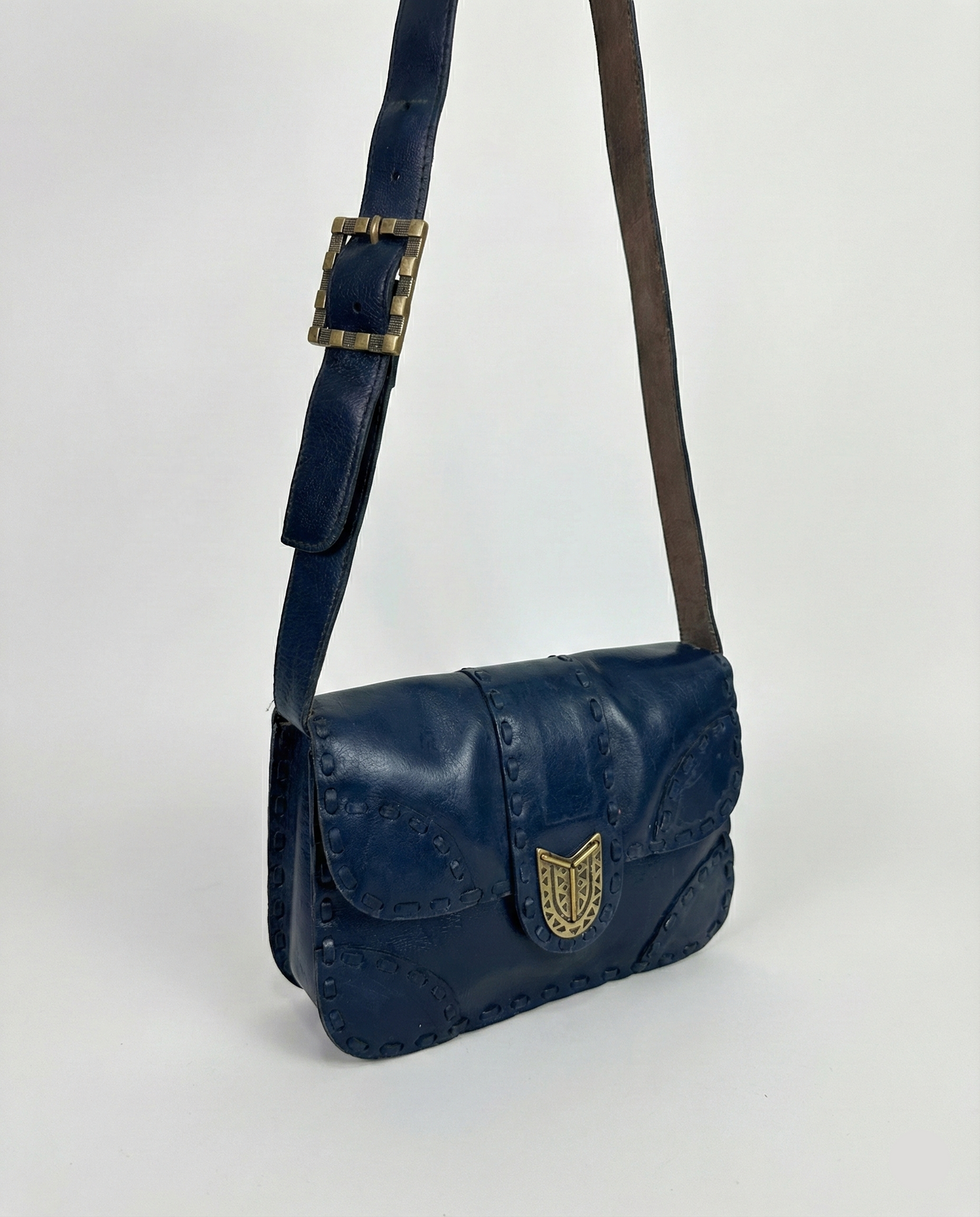Vintage Navy Genuine Leather Whipstitch Shoulder Bag